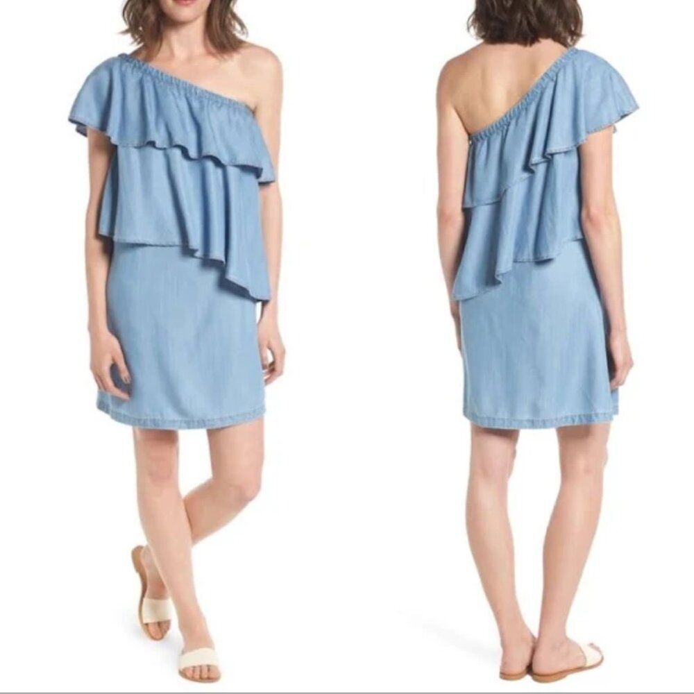 Chelsea 28 ruffle blue denim one-shoulder long top or mini dress Sz: M